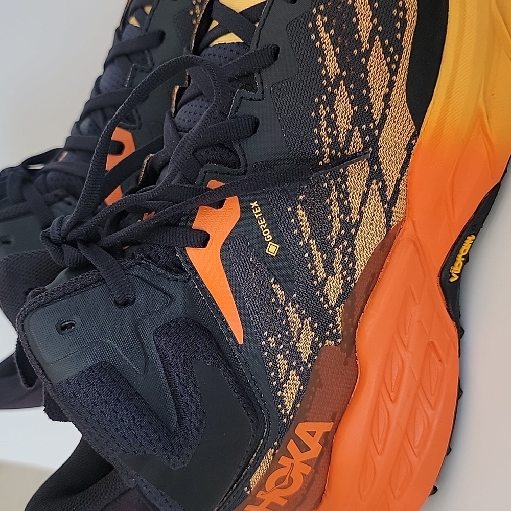 Hoka Speedgoat 5 Mid GTX Gore-Tex WATERPROOF Hiking Boots Black / Orange Yellow - Picture 11 of 12